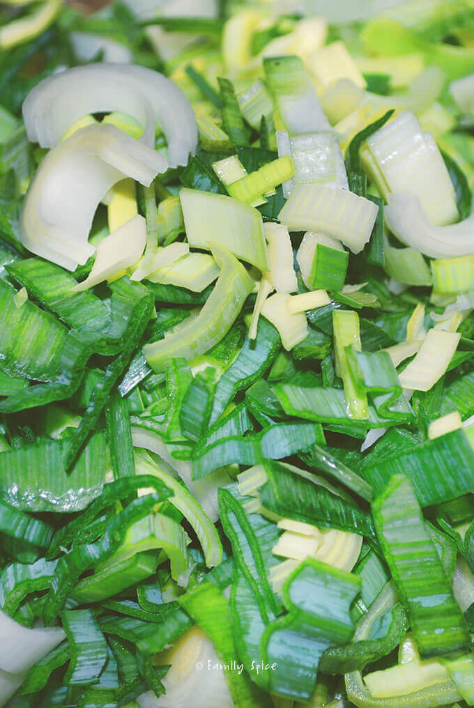 Chopped Leeks for Shrimp Bisque by FamilySpice.com