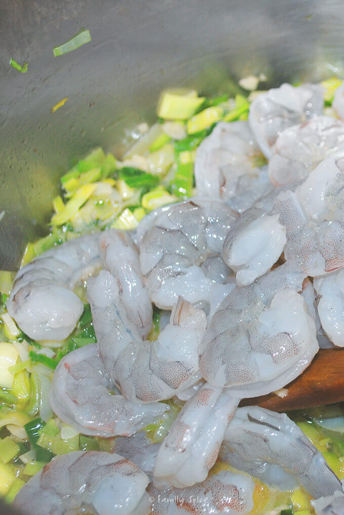 Adding shrimp to Shrimp Bisque by FamilySpice.com