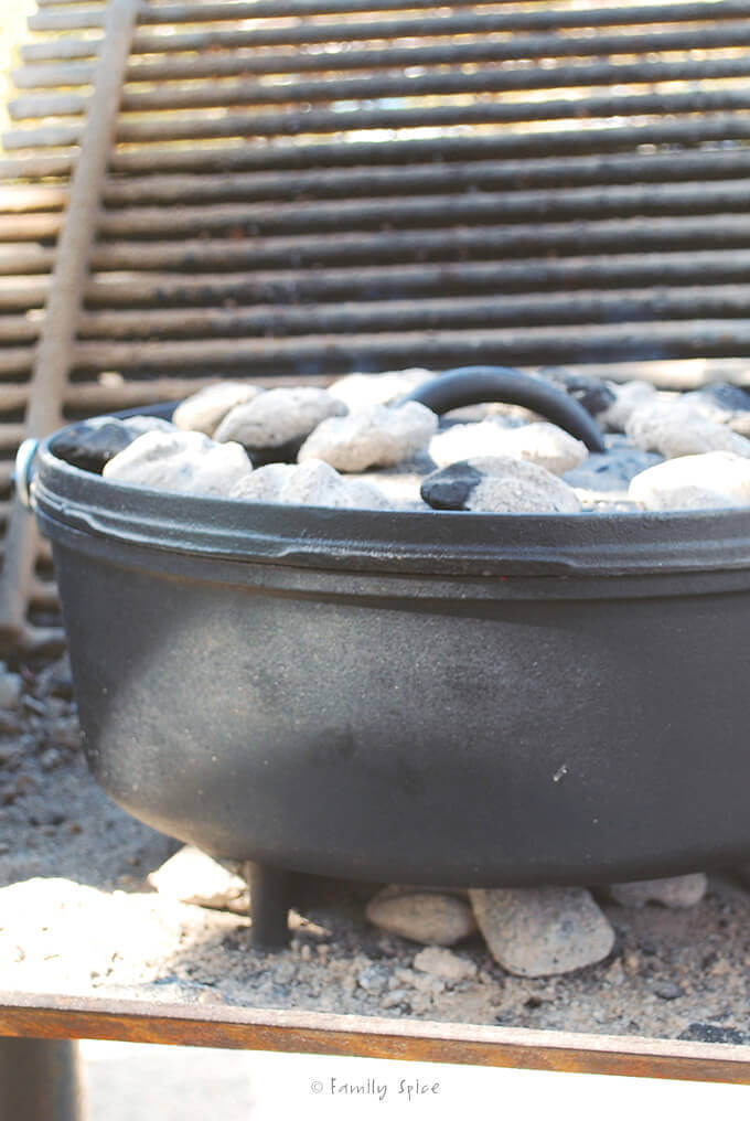 Cooking Chicken Cacciatore Outdoors in a Dutch Oven by FamilySpice.com