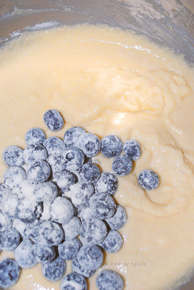 Adding Blueberries to Batter for Buttery Blueberry Boy Bait by FamilySpice.com