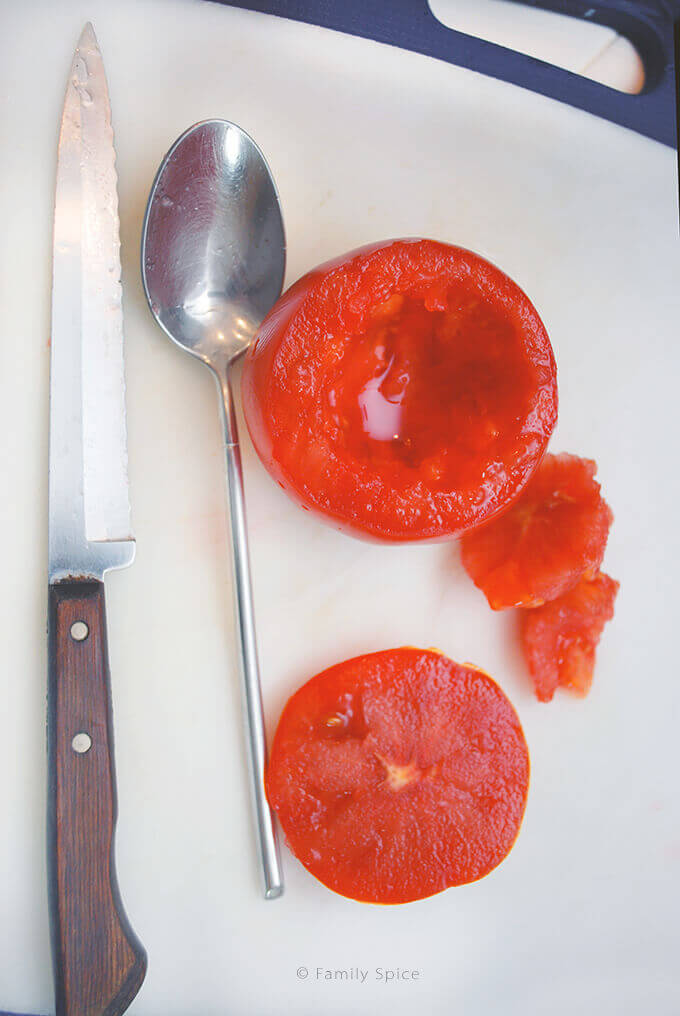Hollowed Out Tomatoes for Baked Eggs in Tomatoes by FamilySpice.com