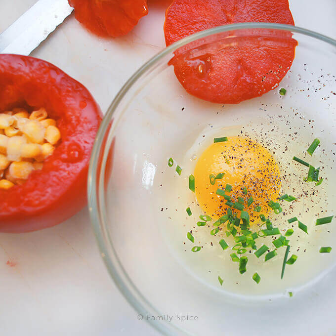 Assembling Baked Eggs in Tomatoes by FamilySpice.com