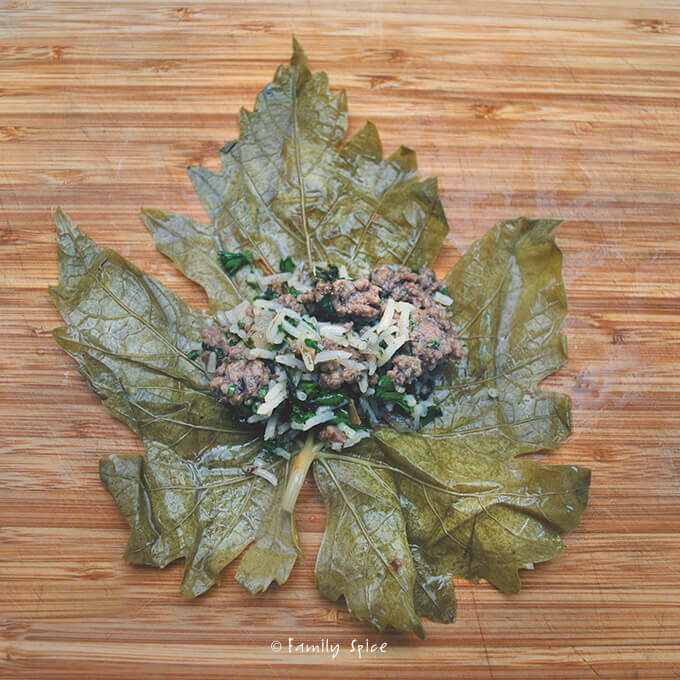 Assembling Persian Stuffed Grape Leaves: Beef and Pomegranate Dolmeh by FamilySpice.com