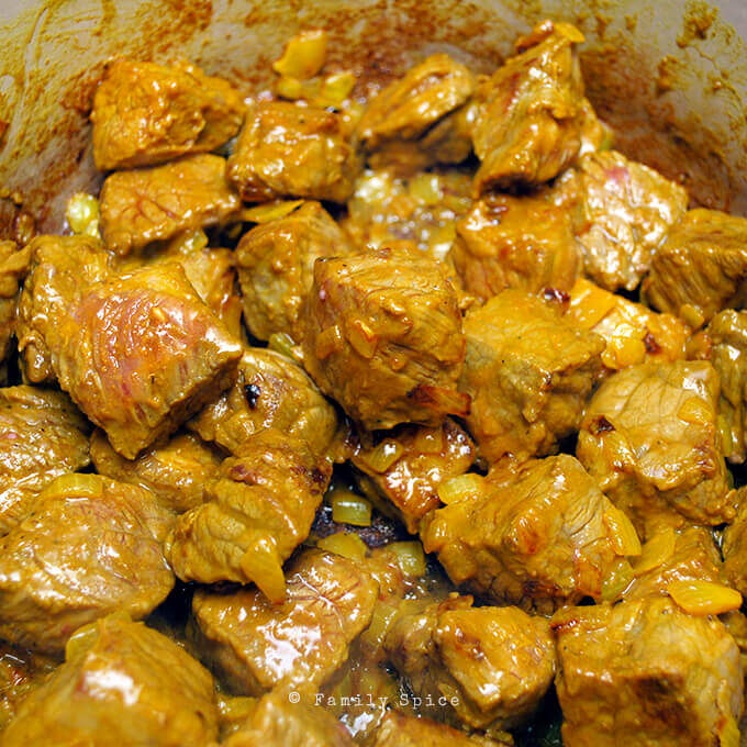 Browning meat for Persian Okra Stew (Khoreshteh Bamieh) by FamilySpice.com