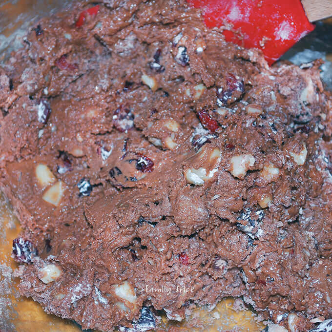 Mixing up dough for Chocolate Biscotti with Cranberries and Macadamia Nuts by FamilySpice.com