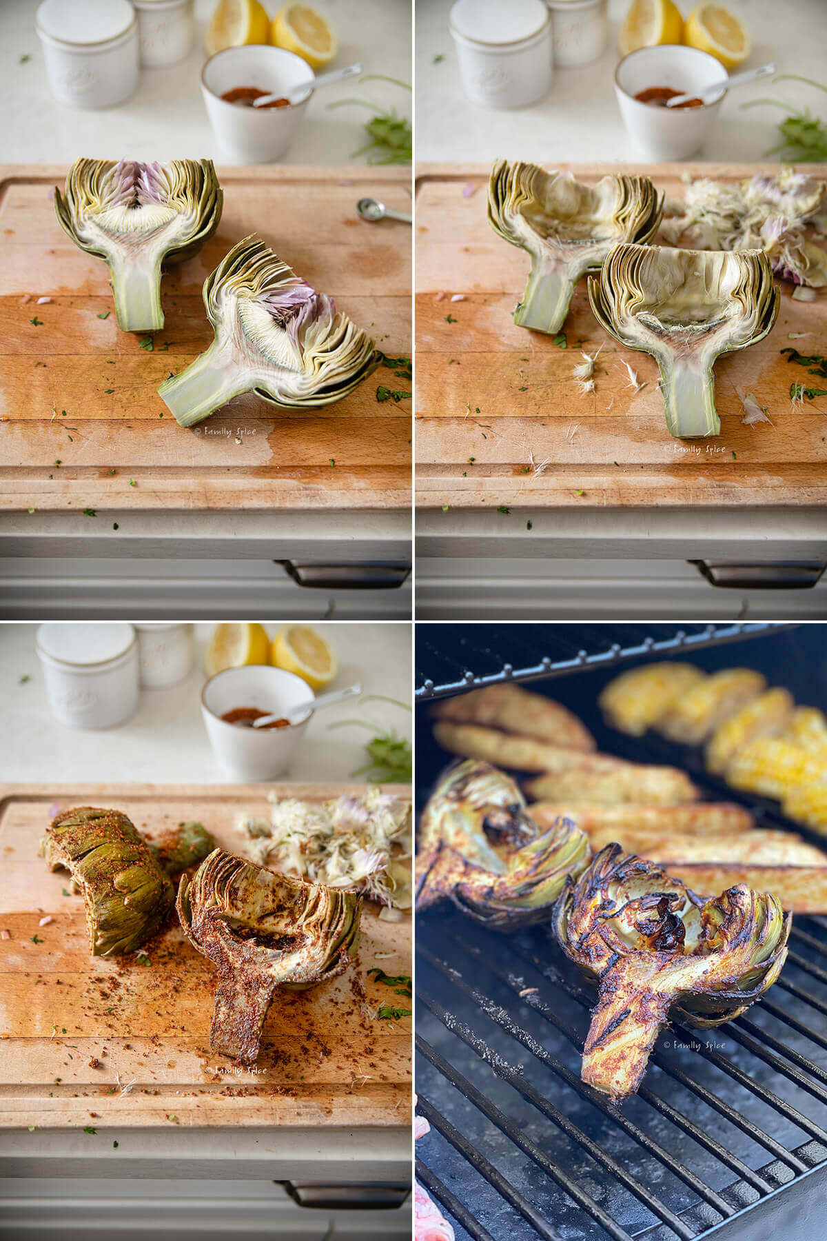 Collage of four images showing how to prep steamed artichokes for the grill.