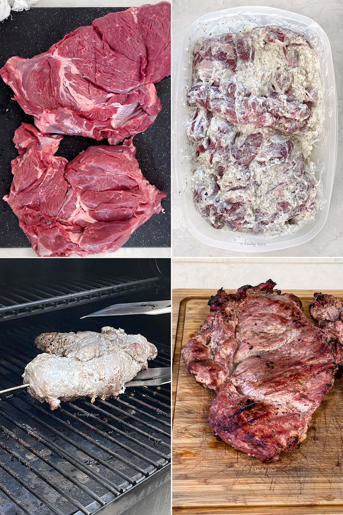 Collage of four images showing how to prep, marinate and grill a yogurt marinated boneless leg of lamb.