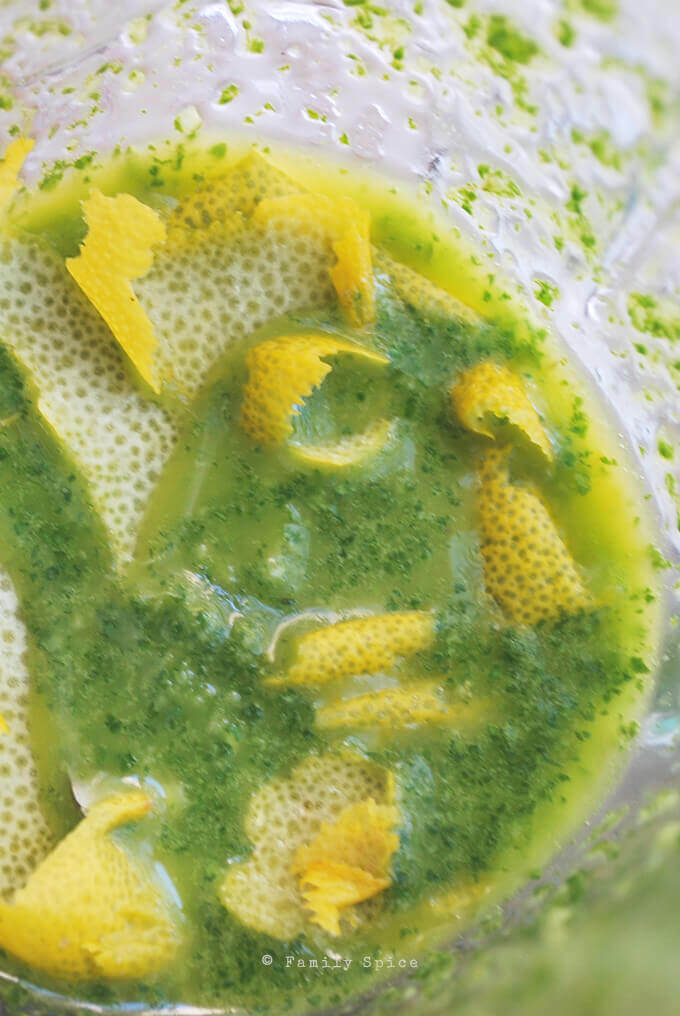 Lemon zest with mint and garlic marinade in a blender by FamilySpice.com