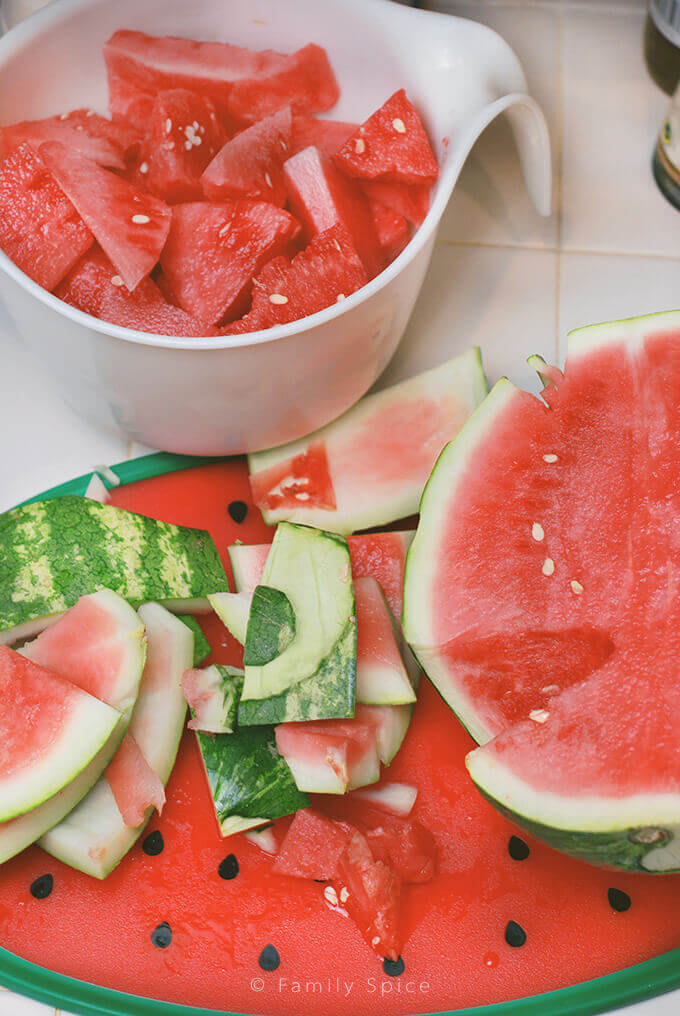Chopped up watermelon for Watermelon Granita with Mint by FamilySpice.com