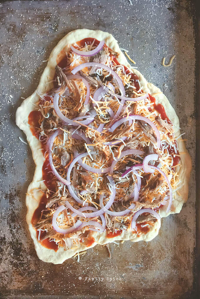 Leftover Pulled Pork Pizza ready for the oven by FamilySpice.com