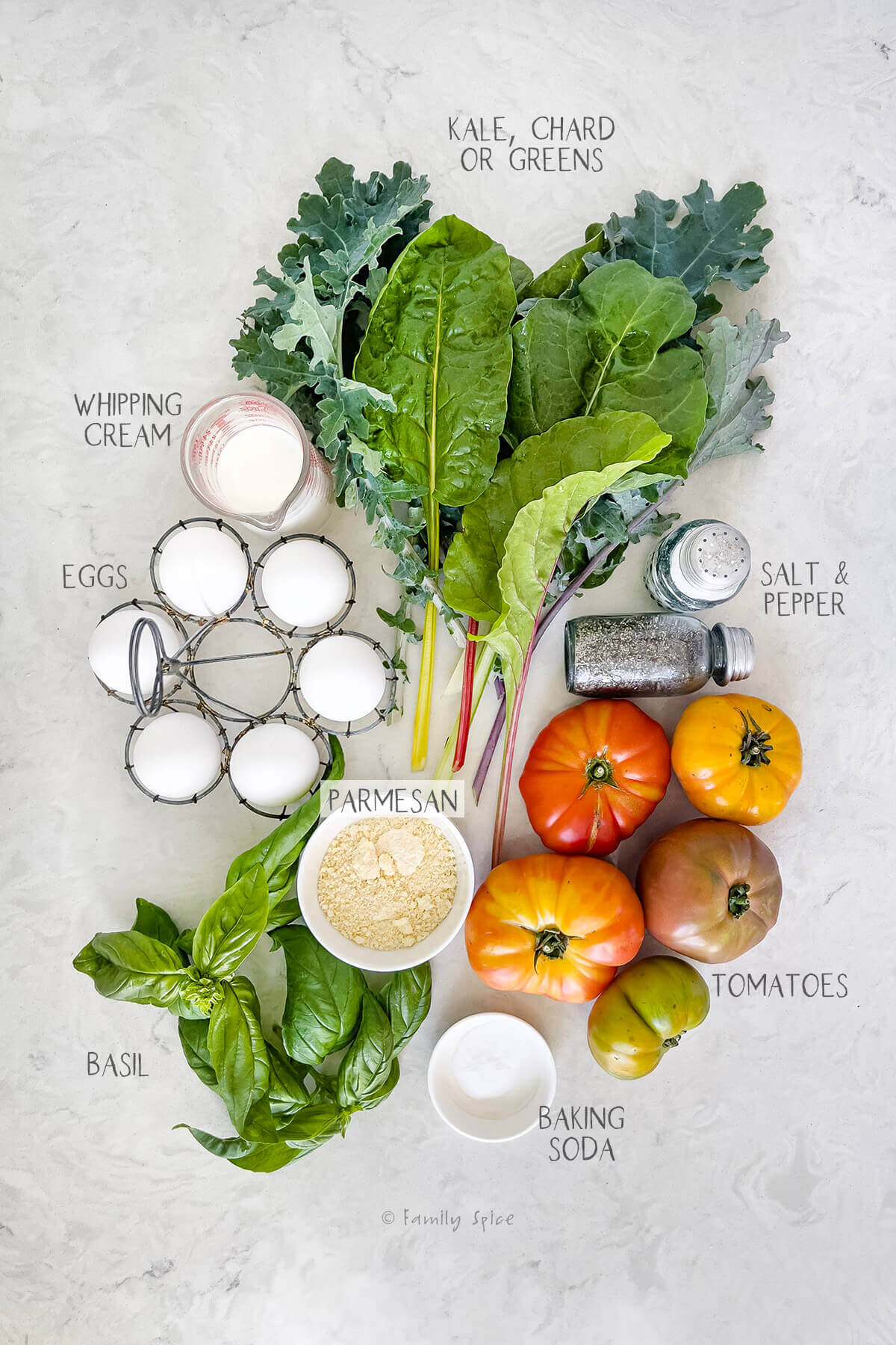 Ingredients labeled and needed to make tomato frittata.