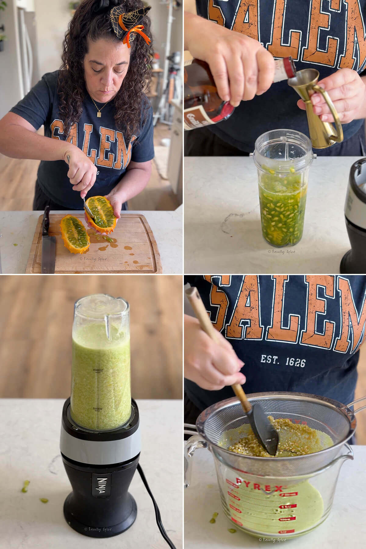 Collage of four images showing how make a halloween margarita with a kiwano melon.