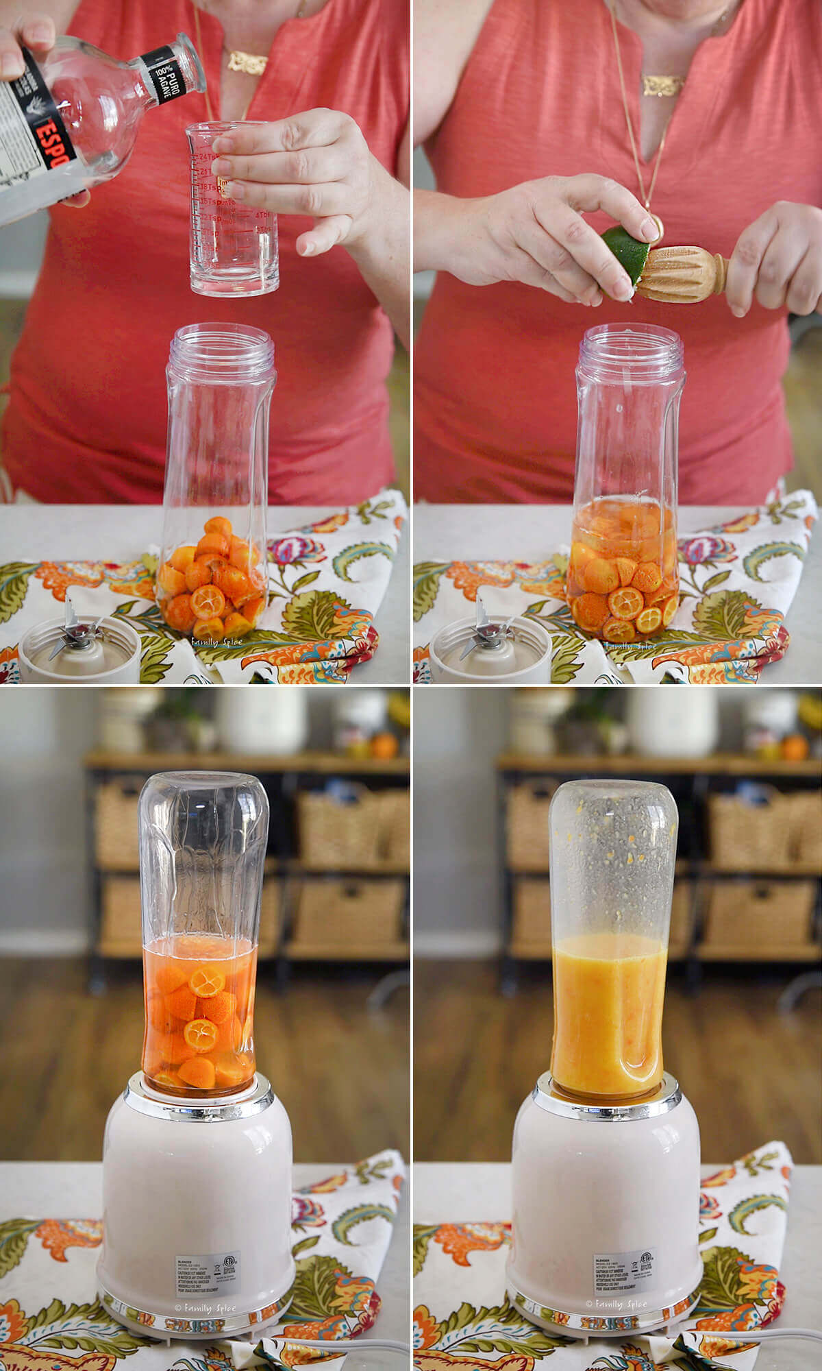 Collage of four images showing how to make kumquat margaritas.