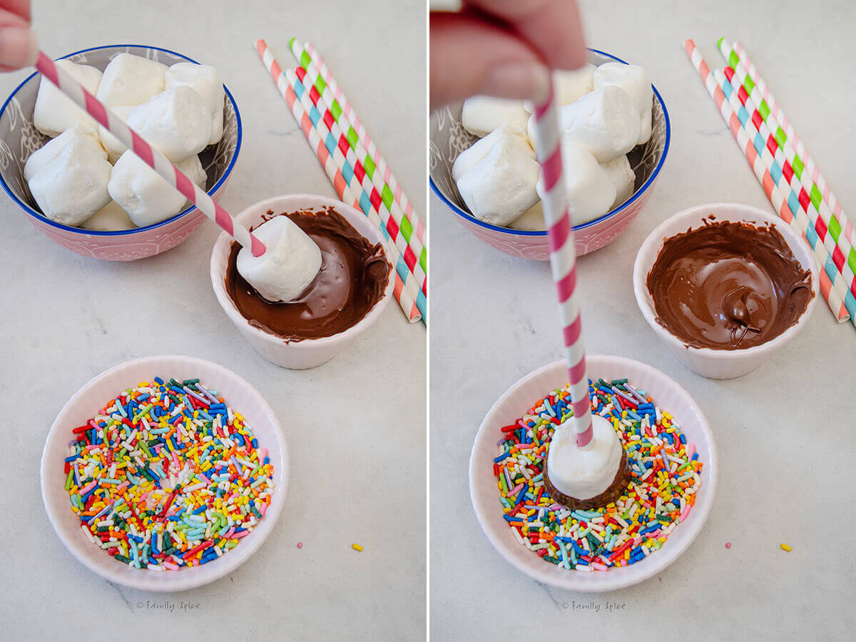 Collage of two pictures showing how to make chocolate dipped marshmallows