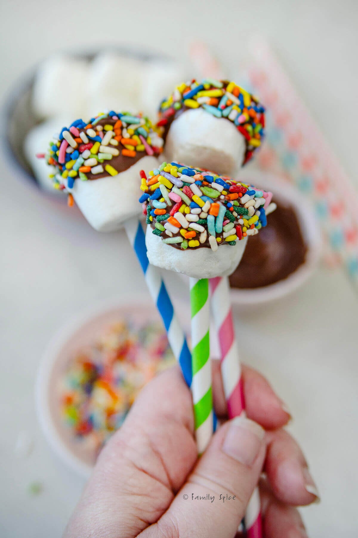 A hand holding colorful straws with marshmallows dipped in chocolate and rolled in sprinkles.