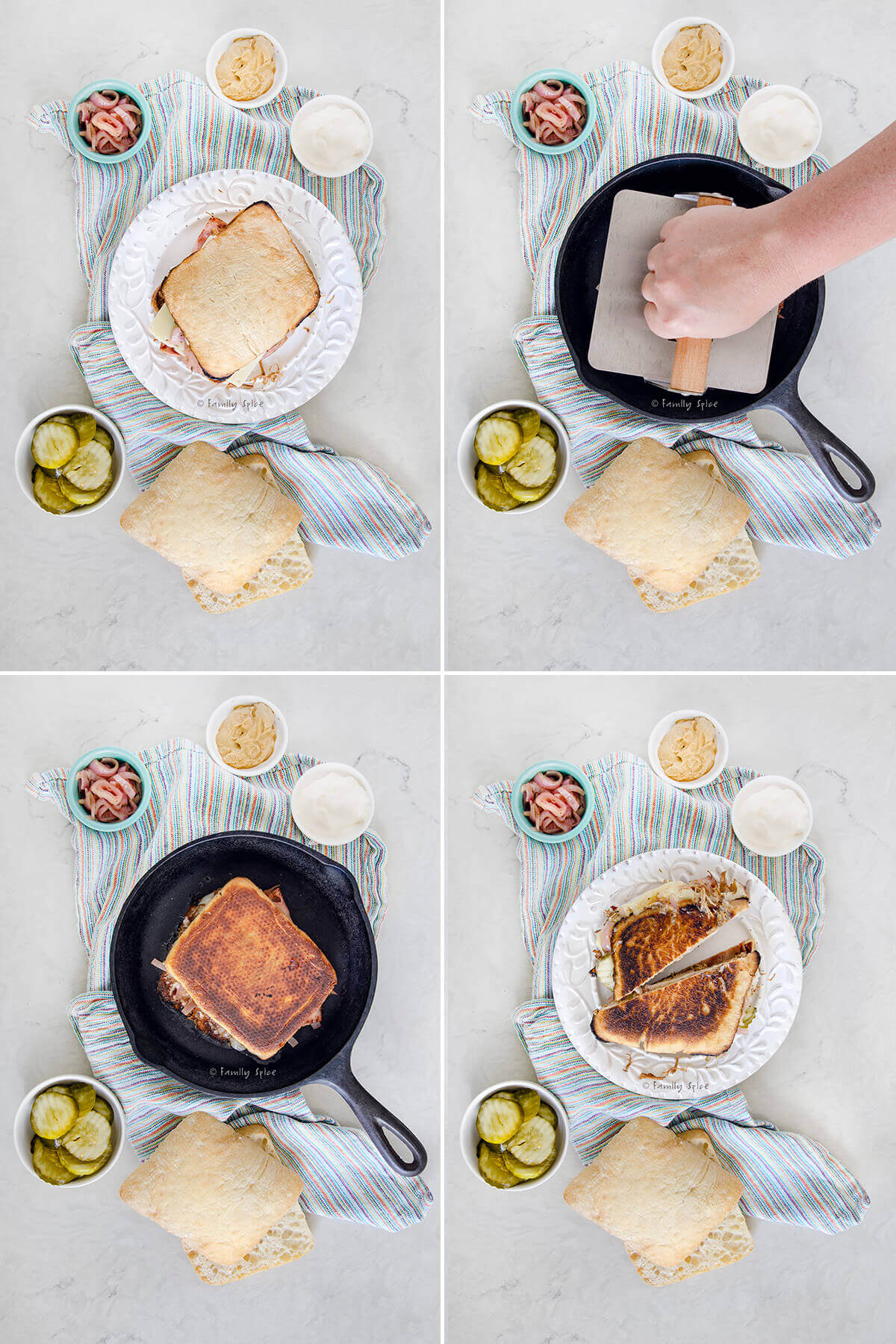Collage of four pictures showing how to make and press a cubano sandwich.