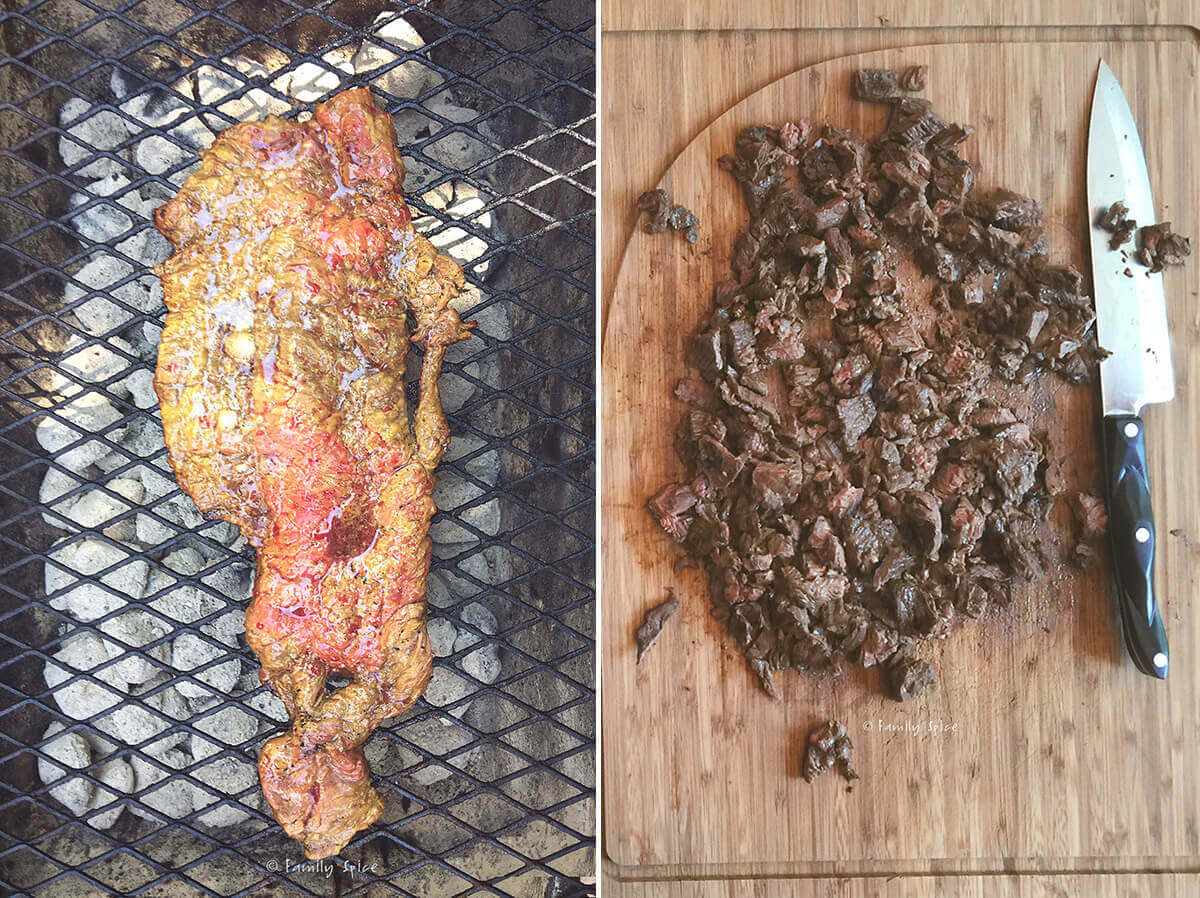 Collage of two photos showing how to grill carne asada.