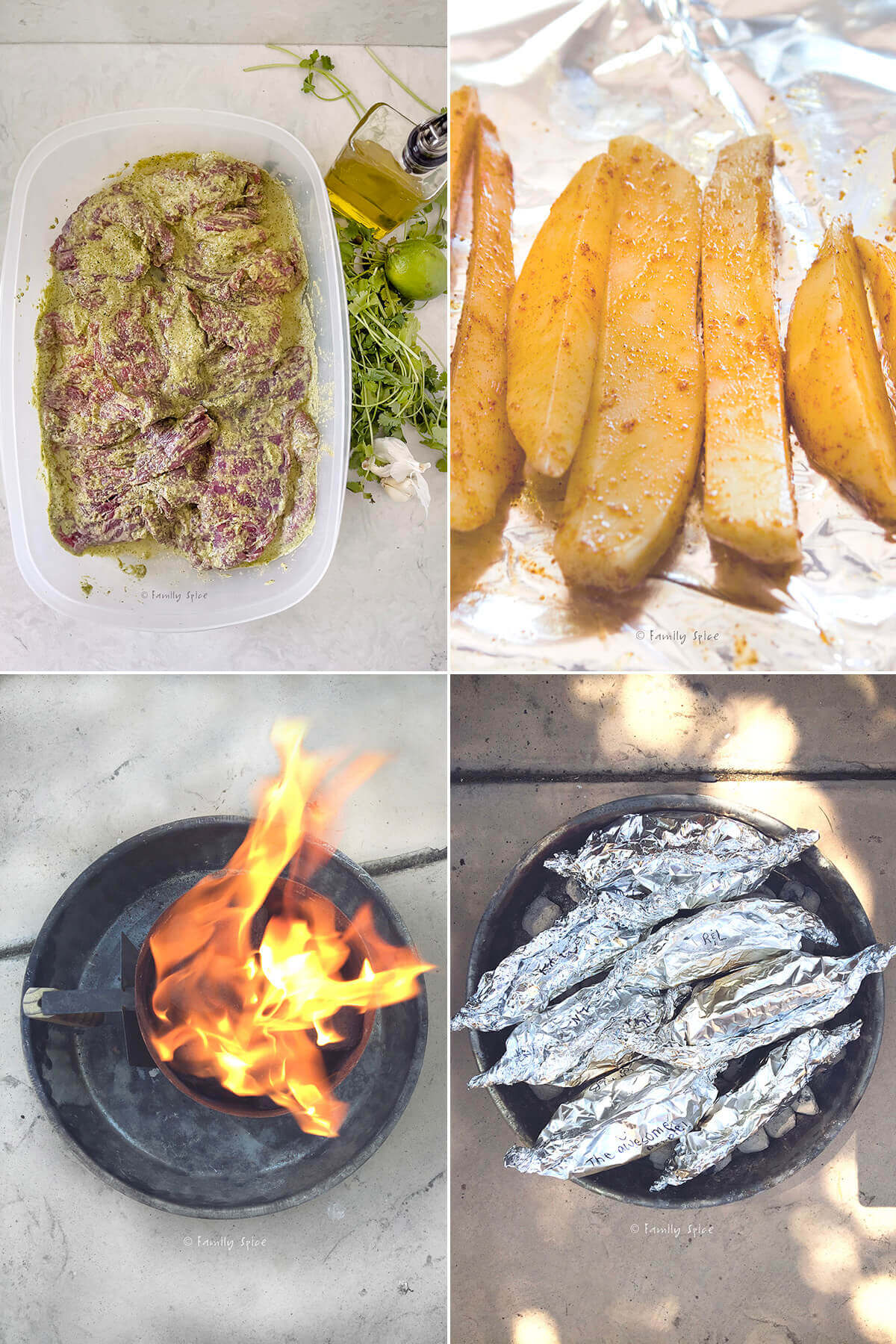 Collage of four photos showing how to make carne asada fries.
