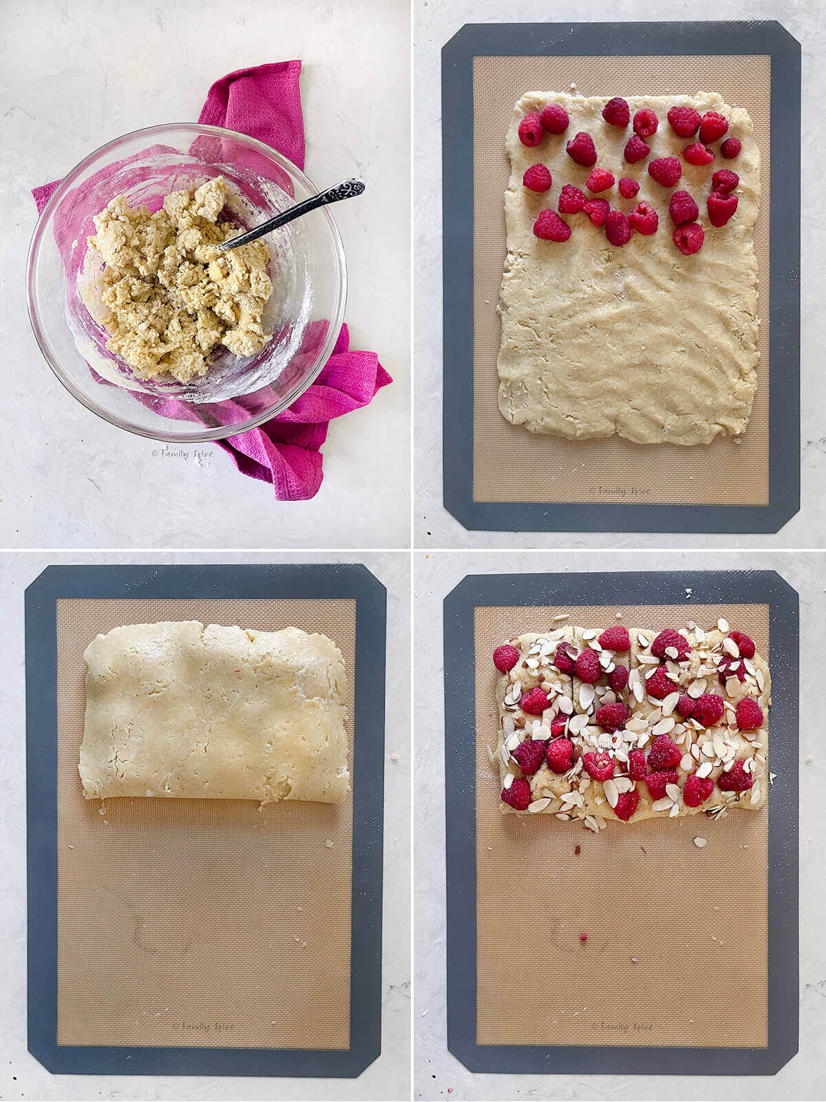 Collage of four images showing how to make raspberry olive oil scones.