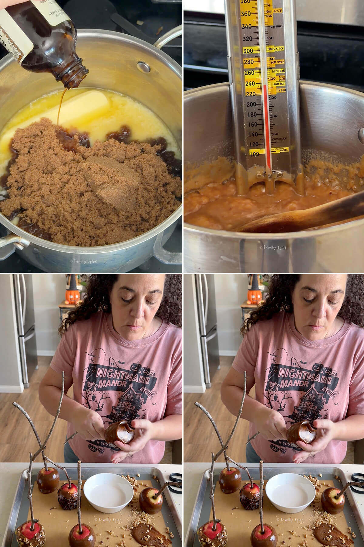 Collage of four images showing how to make homemade caramel apples.