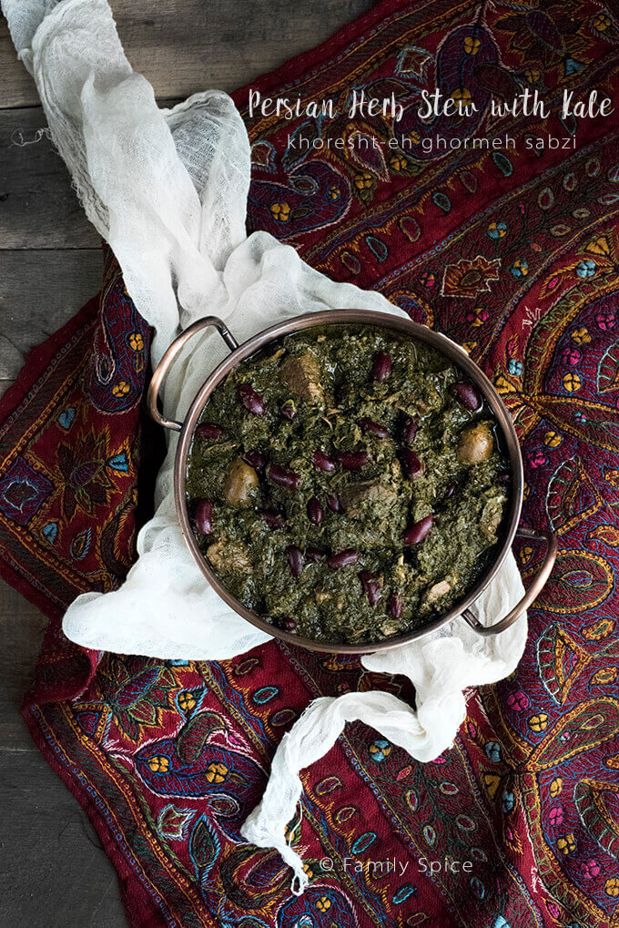 Persian Herb Stew with Kale (Khoresteh Gormeh Sabzi ba Kalam-e Peech) by FamilySpice.com