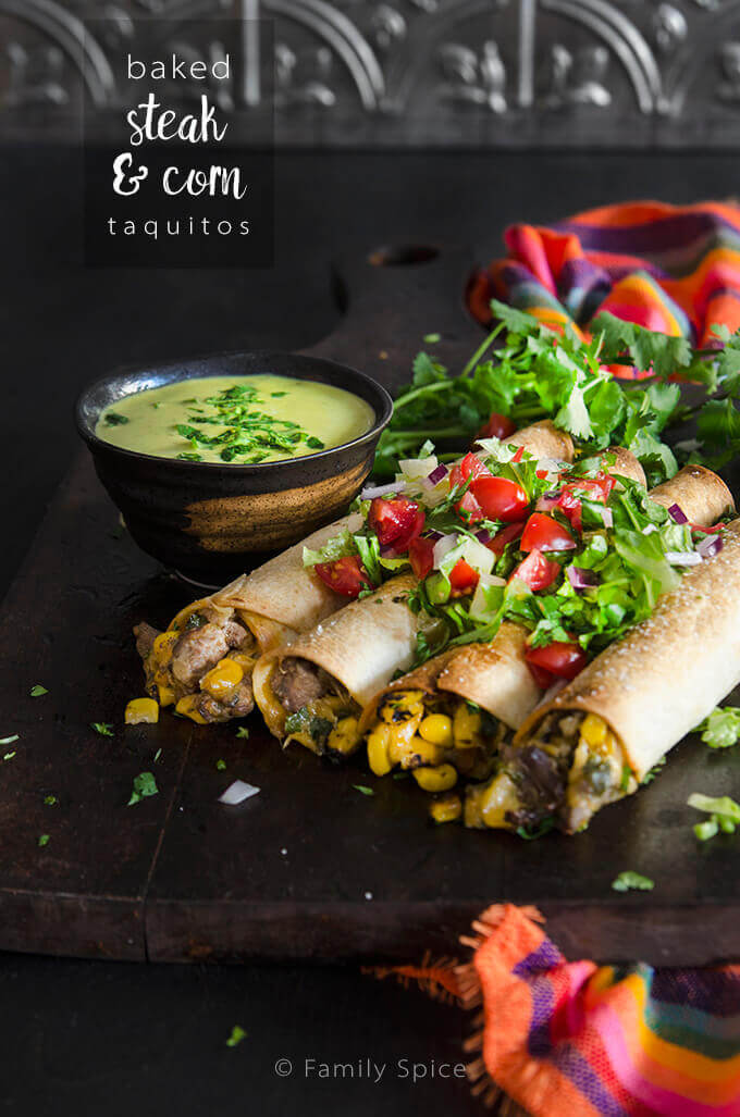 Baked Steak Taquitos with Corn and HERDEZ® Guacamole Salsa by FamilySpice.com