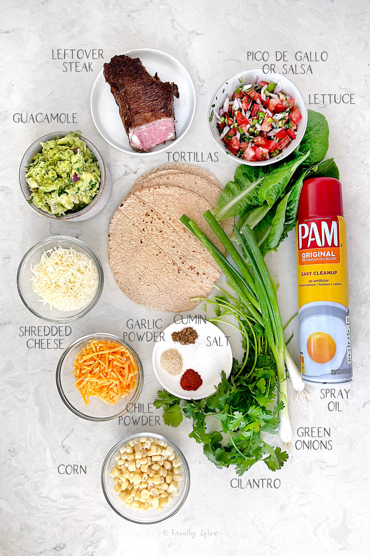 Ingredients labeled and needed to make baked steak taquitos.