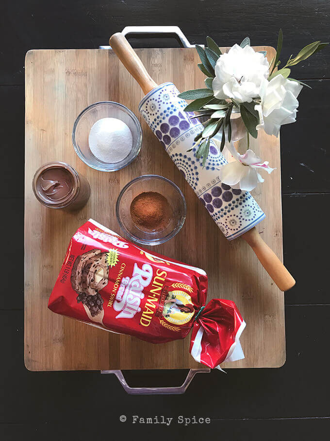 Ingredients for Chocolate Raisin Churros made with Sun-Maid Raisin Bread by FamilySpice.com