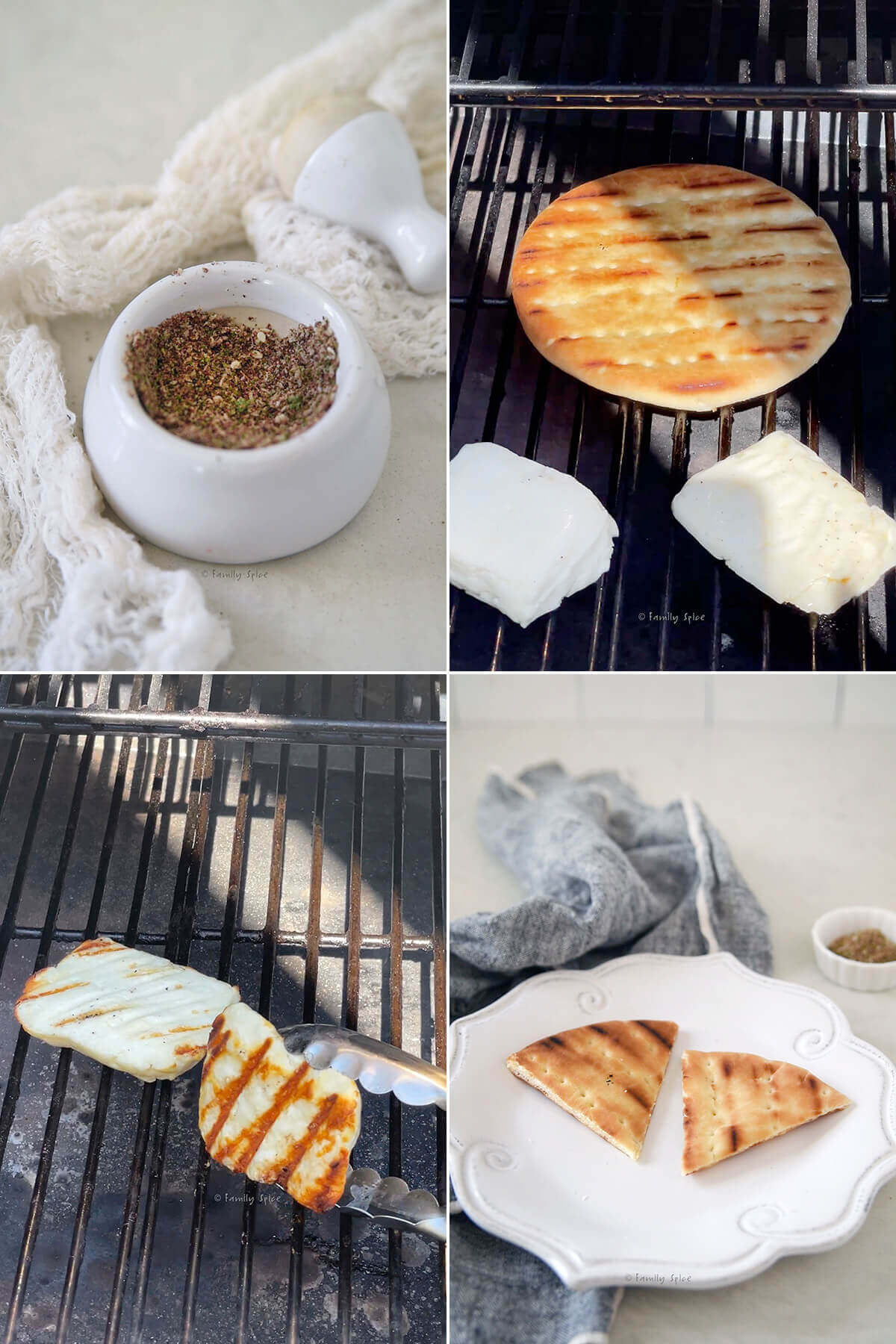 Collage of four images showing how to grill halloumi cheese and make za'atar seasoning.