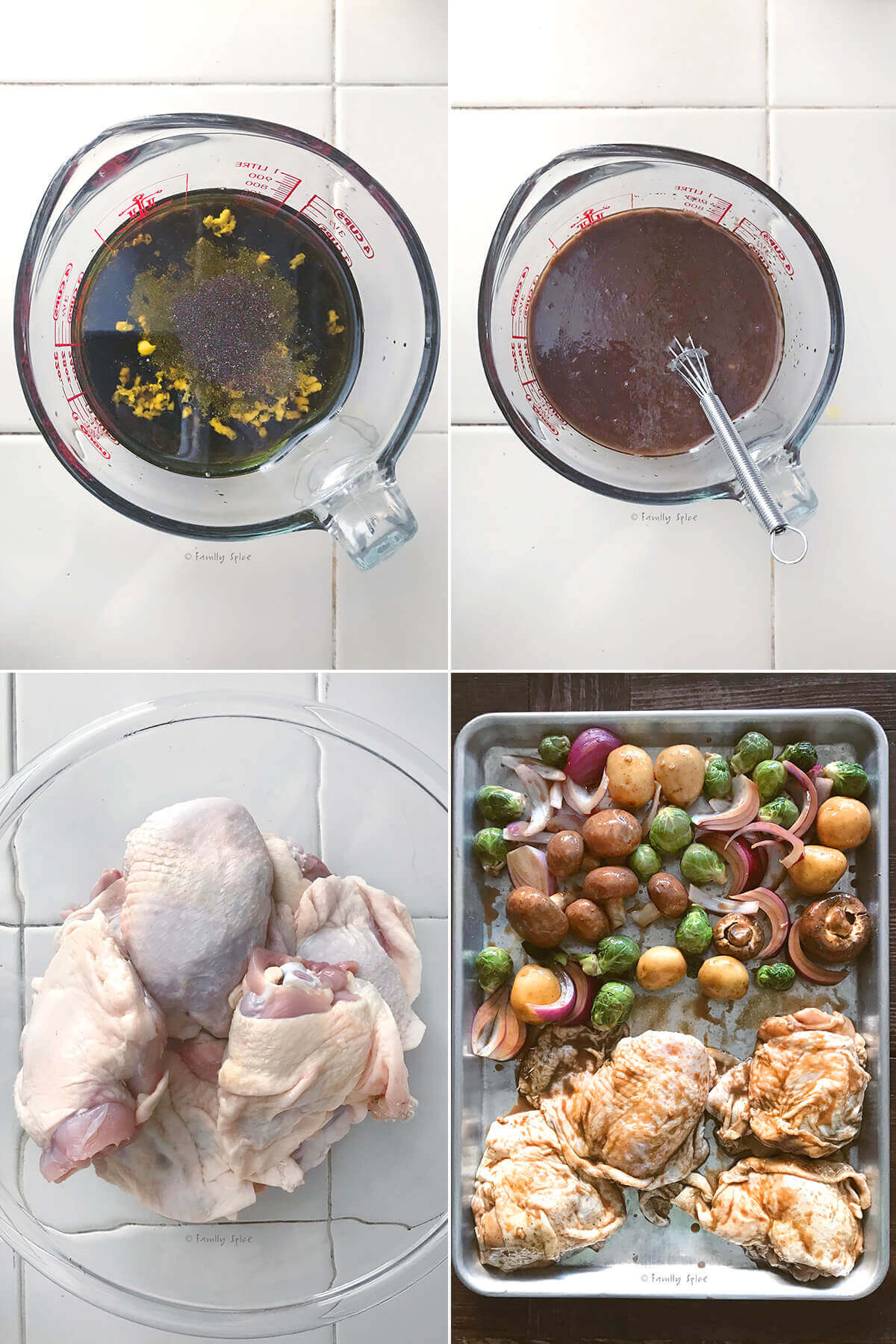 Collage of four pictures showing how to make balsamic chicken and vegetables.
