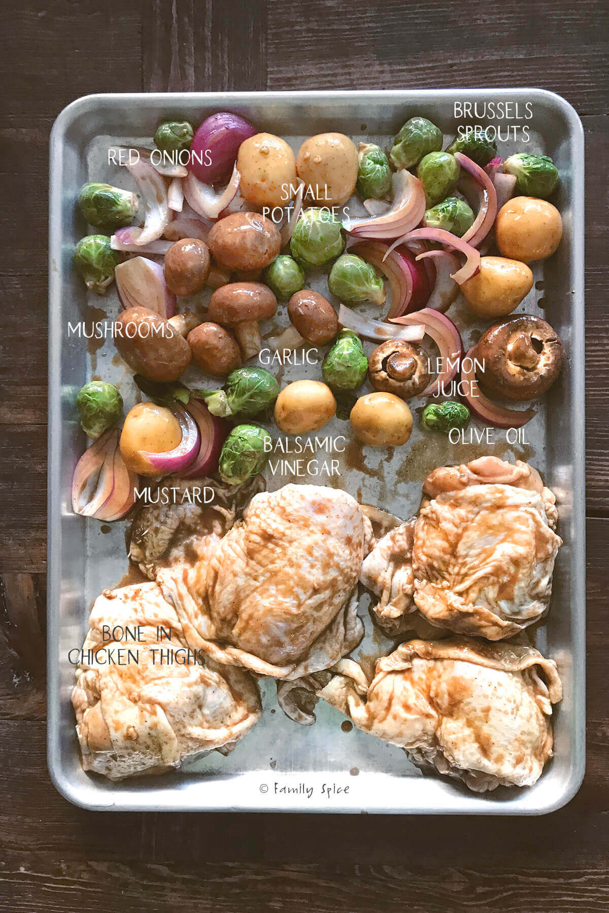 Ingredients labeled and needed to make balsamic chicken.