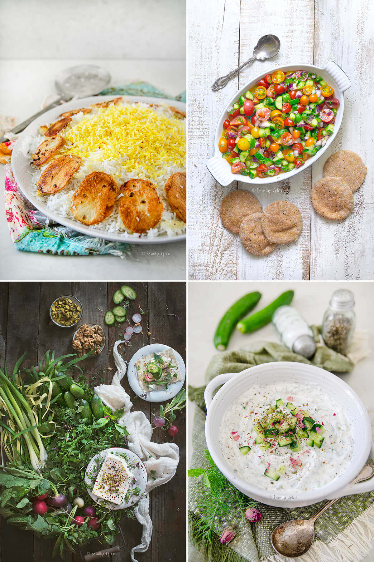 Collage of four Persian side dishes to serve with Persian kabob.