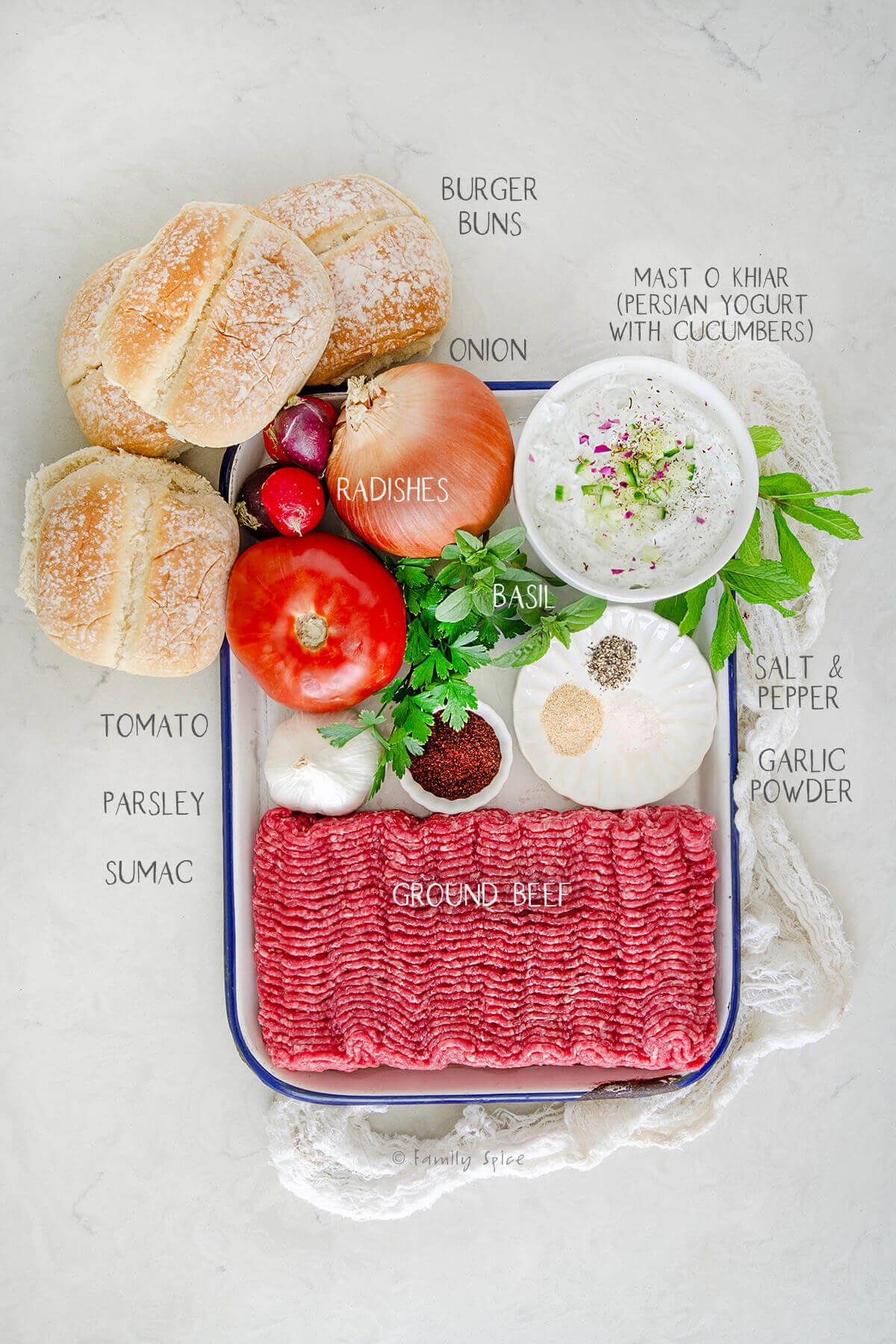 Ingredients labeled and needed to make kebab burgers.