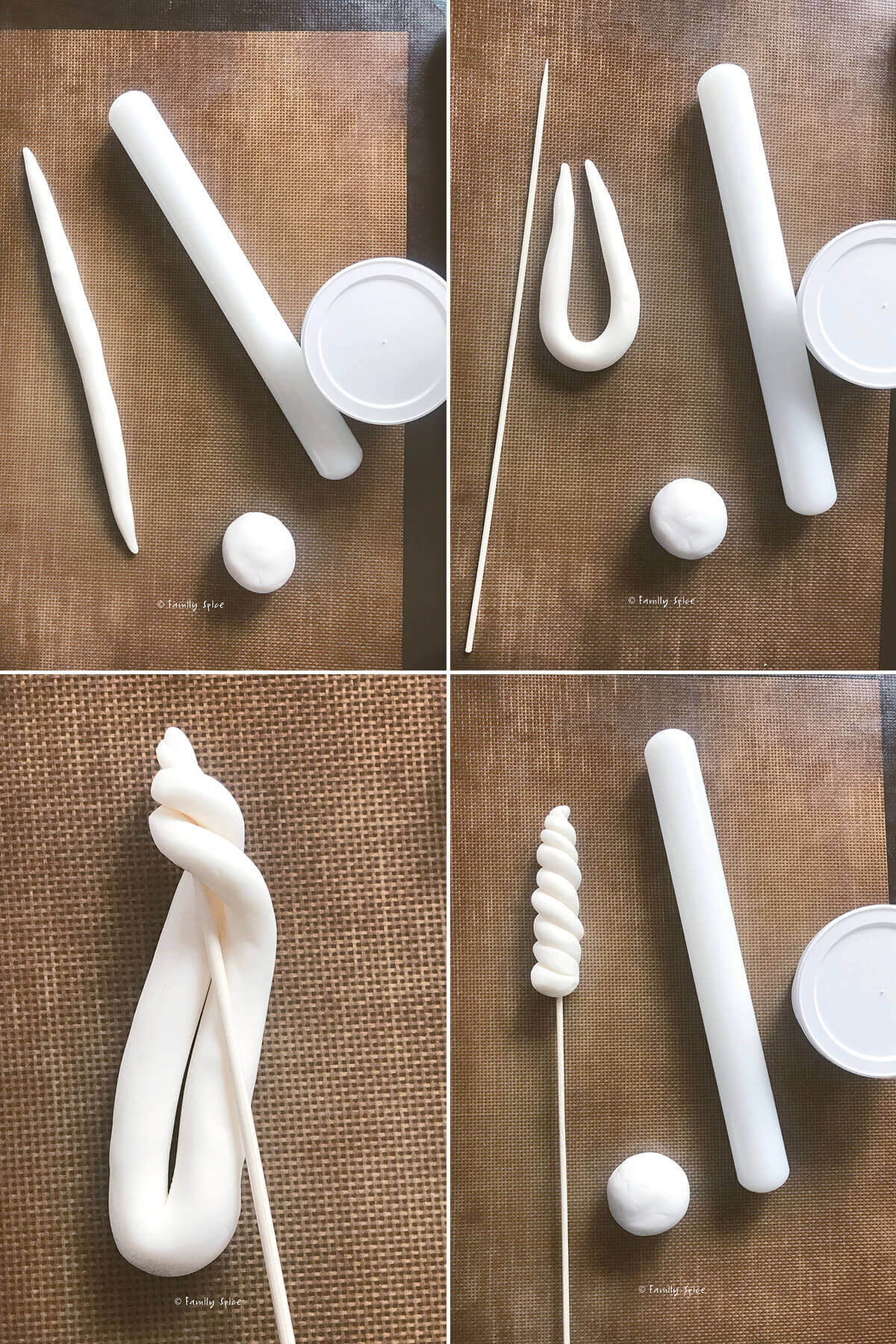 Collage of four images showing how to make a fondant unicorn horn.