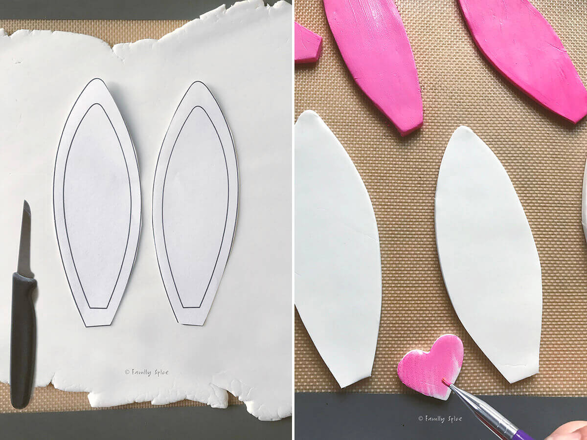 Two pictures showing how to cut out bunny ears and nose from gum paste and paint them.