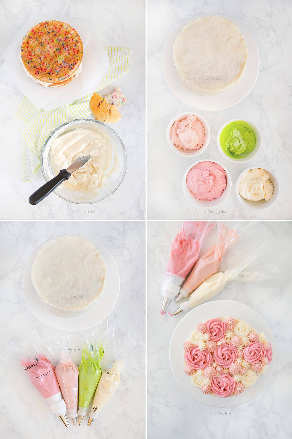 Collage of four images showing how to frost a bunny unicorn cake.