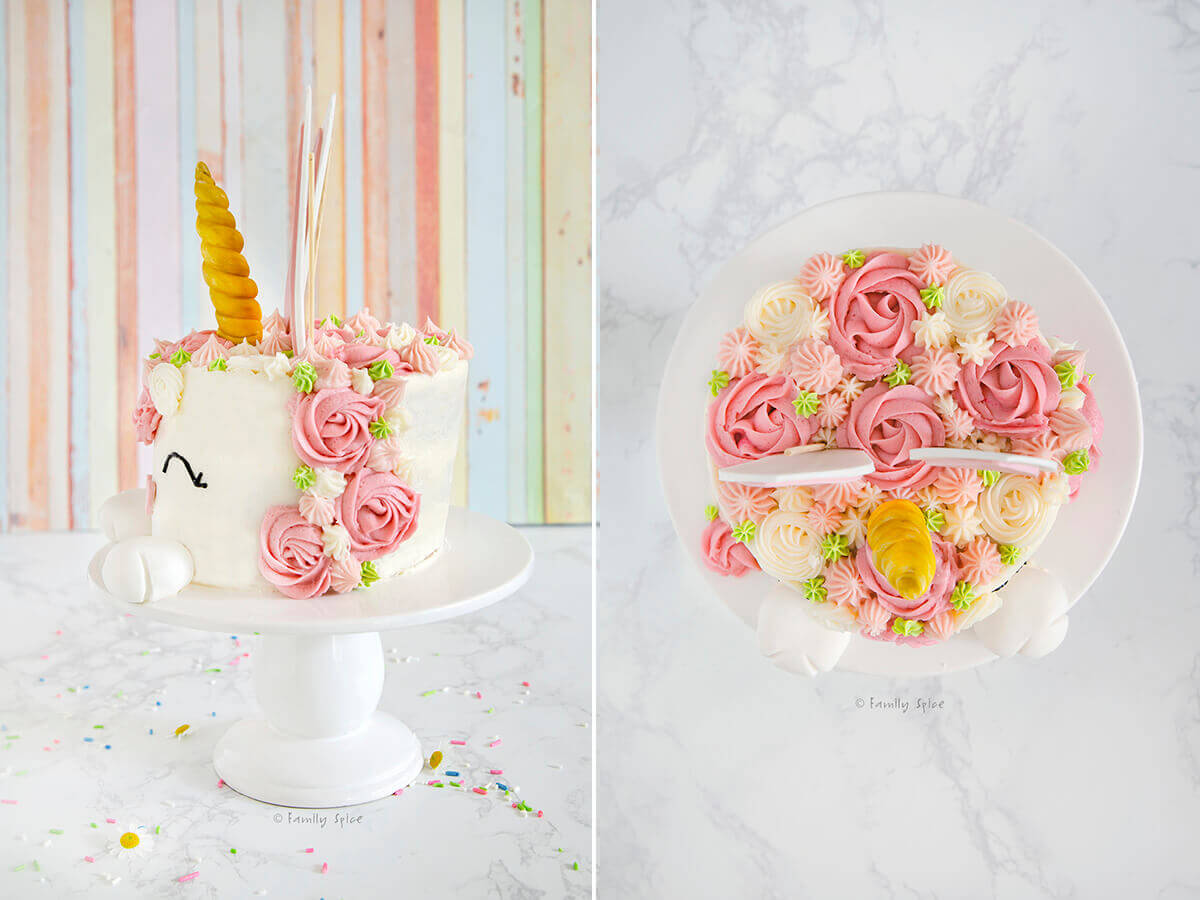 Two pictures showing how a bunny unicorn cake is decorated and using bamboo skewers as supports.