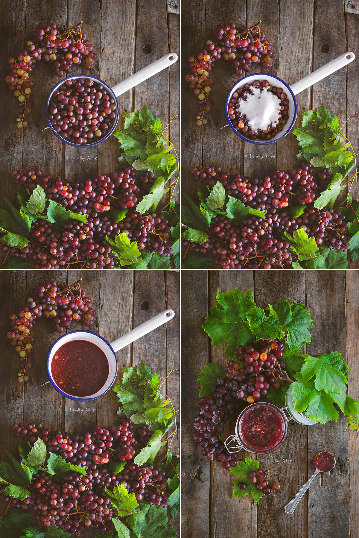 Collage of four images showing how to make grape jam.