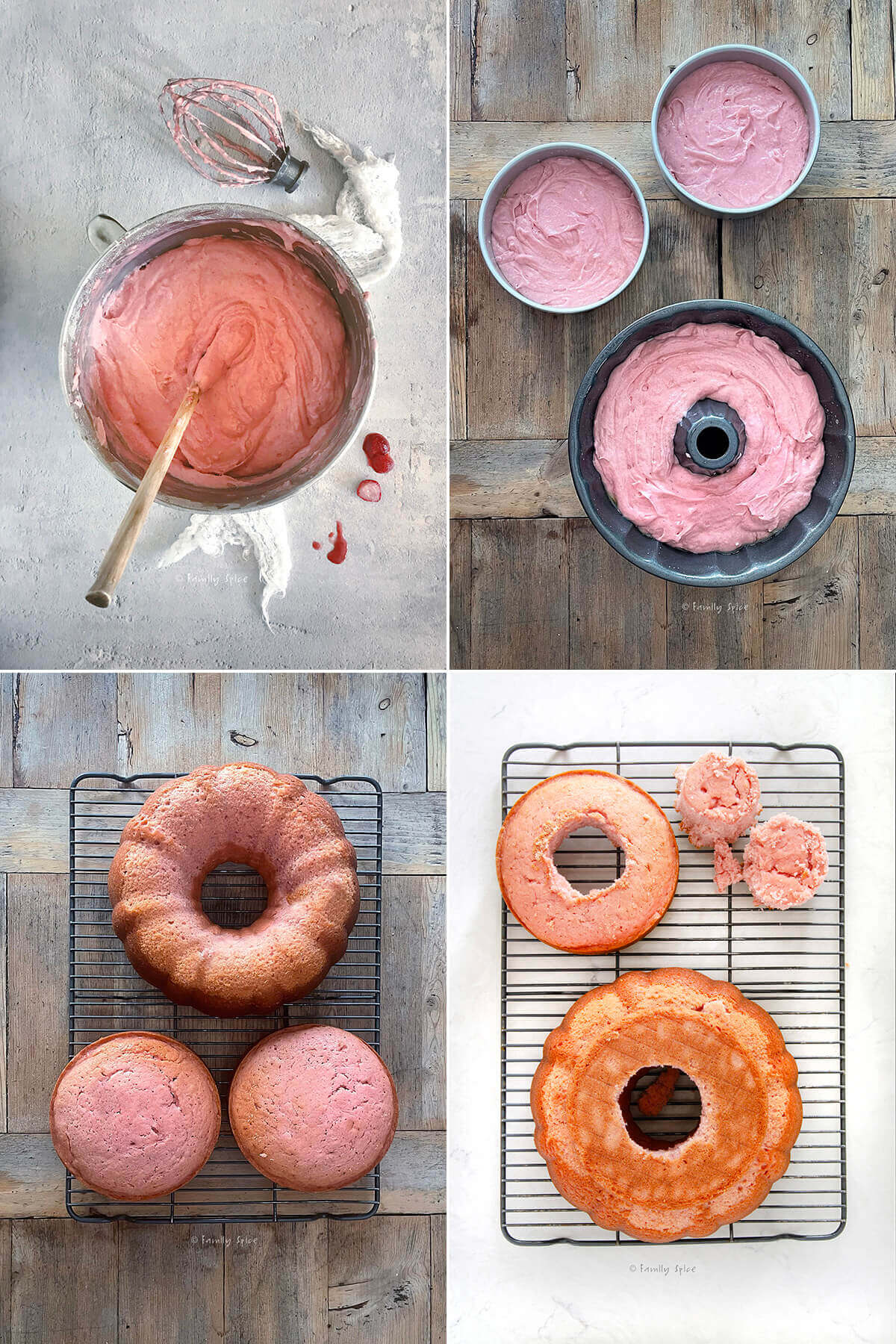 Collage of four images showing how to bake the layers to make a barbie cake.