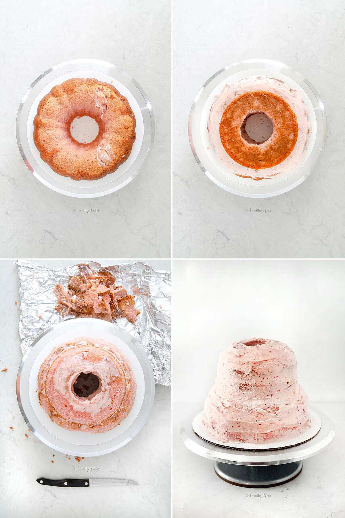 Collage of four images showing how to assemble and crumb coat a barbie cake.