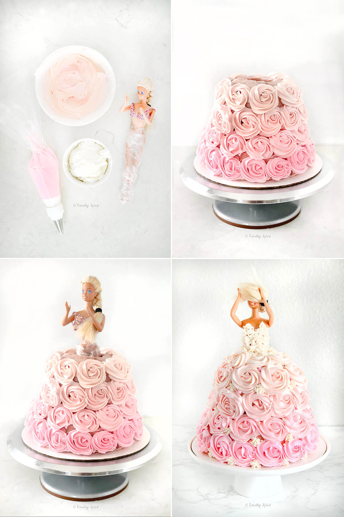 Collage of four images showing how to frost a barbie cake.