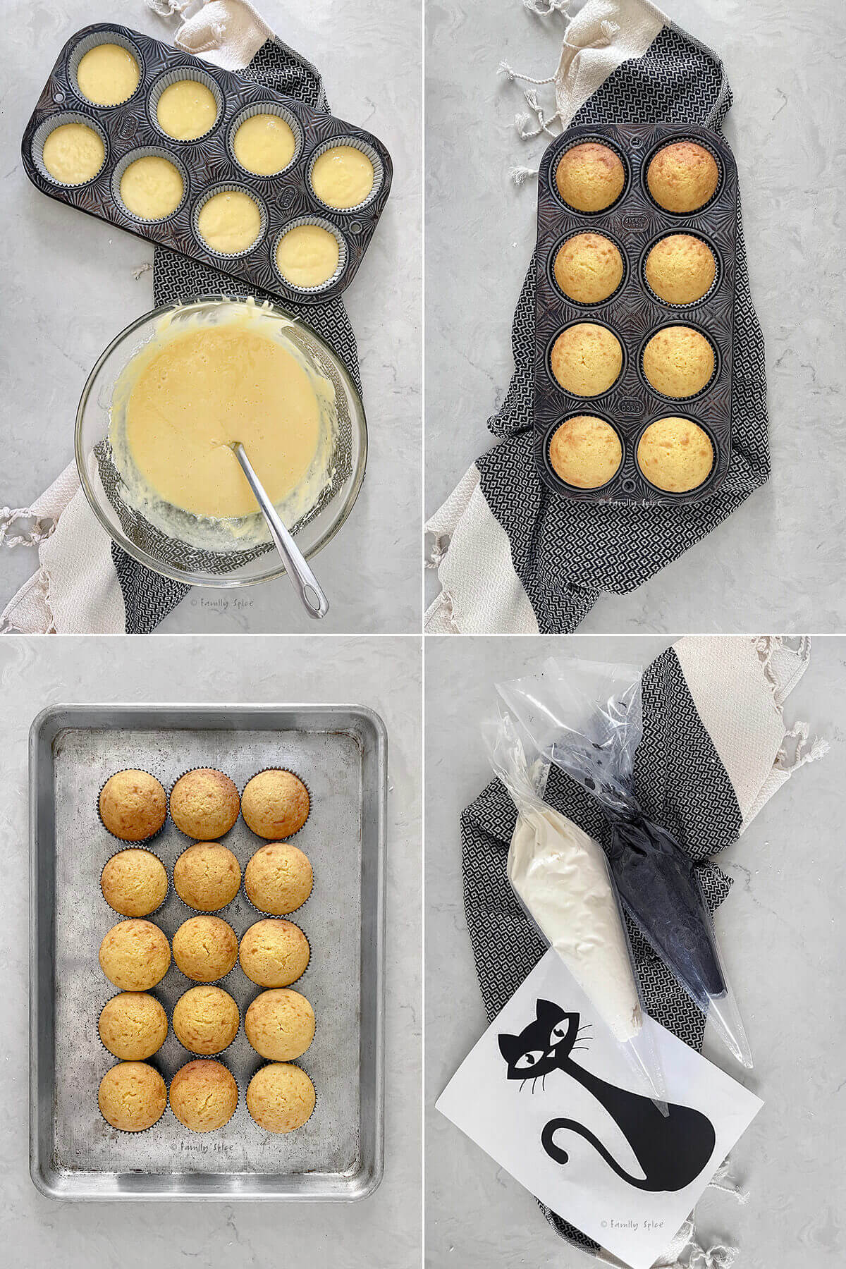 Collage of four pictures showing how to bake cupcakes and start to assemble a pull apart cupcake cake.