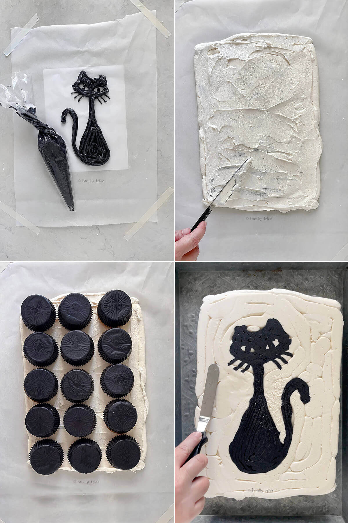 Collage of four pictures showing how to decorate and frost a pull apart cupcake cake.