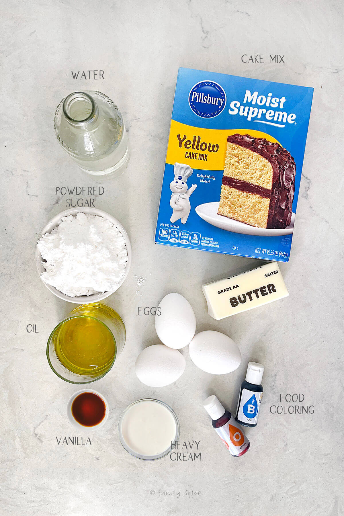 Ingredients labeled and needed to make a pull apart cupcake cake.