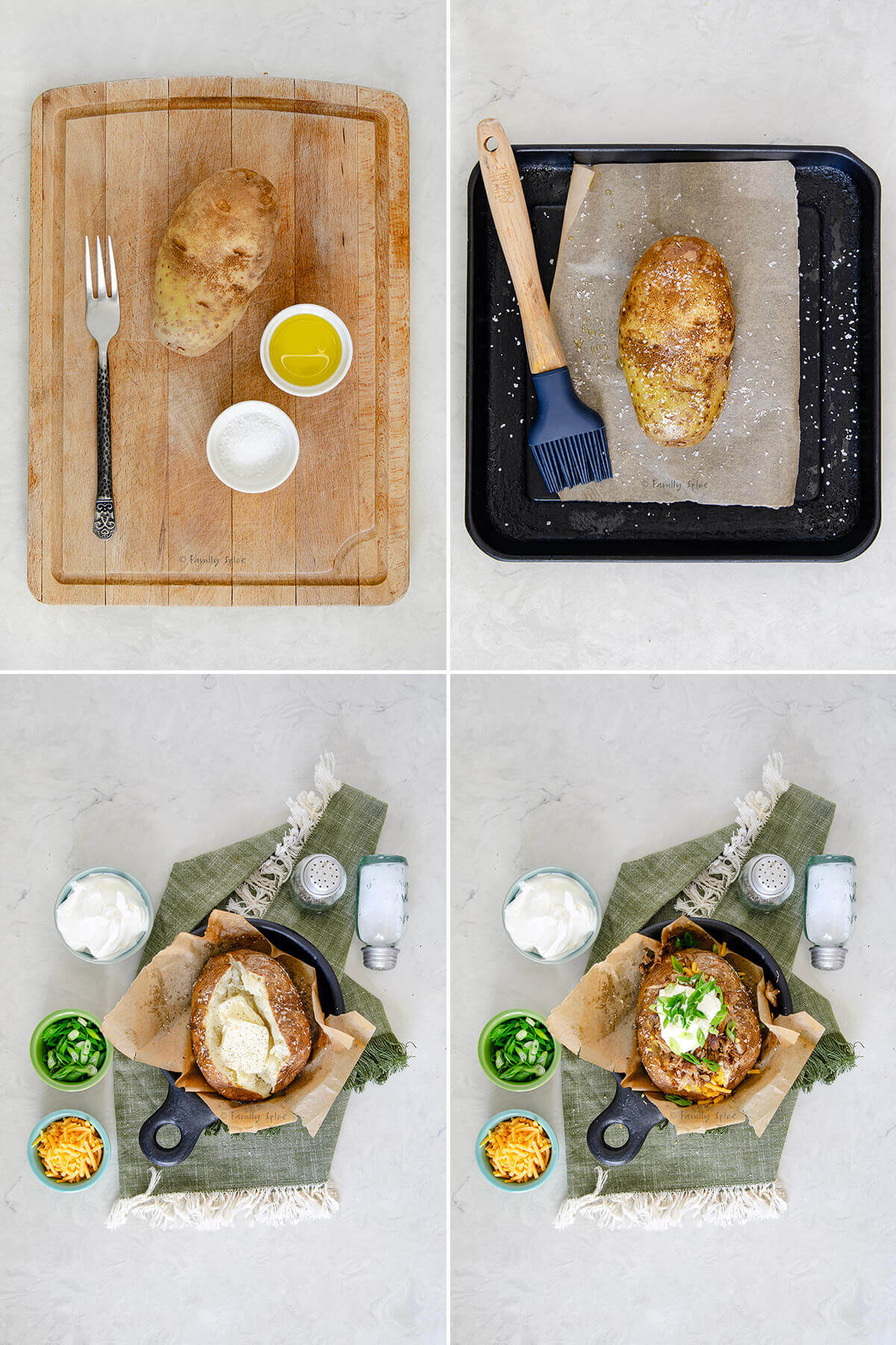 Collage of four pictures showing how to make a pulled pork baked potato.