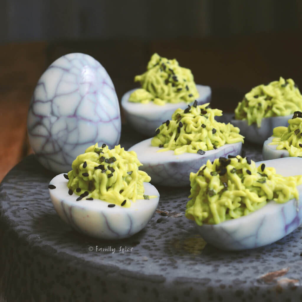 Closeup of halloween deviled eggs.