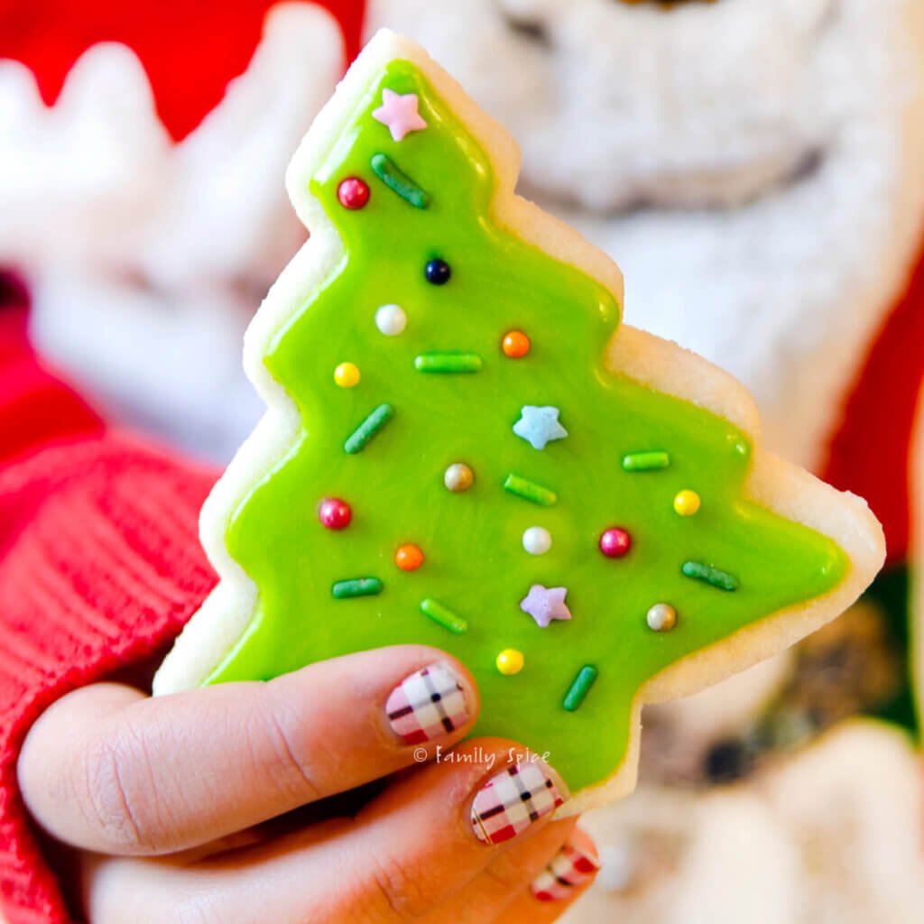 A hand holding a decorated sugar cookie shaped like a Christmas tree.