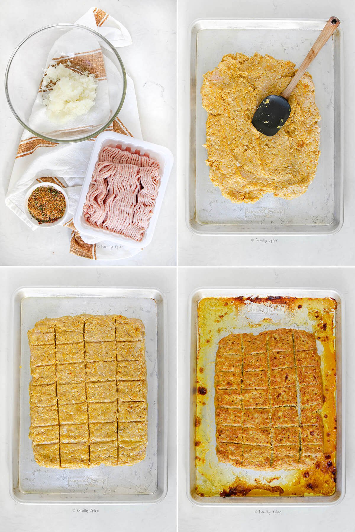 Collage of four images showing how to make and bake chicken koobideh kabob.