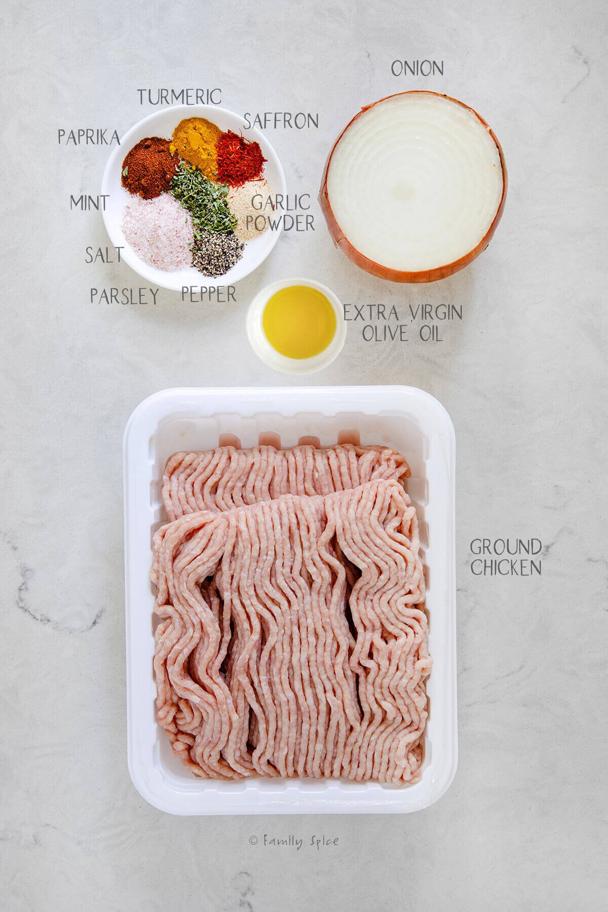 Ingredients labeled and needed to make chicken koobideh.