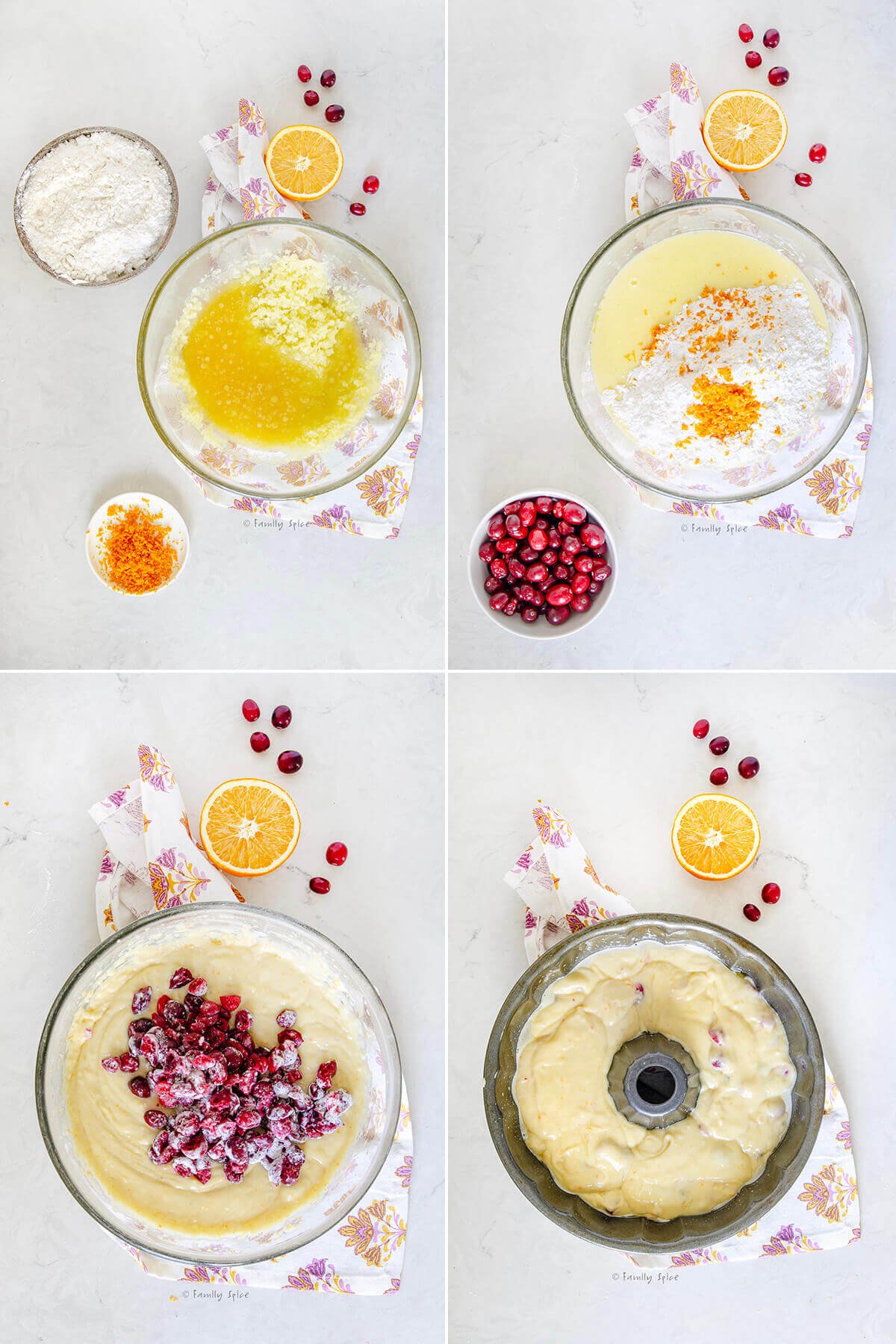 Collage of four images showing how you make an orange cranberry olive oil cake.